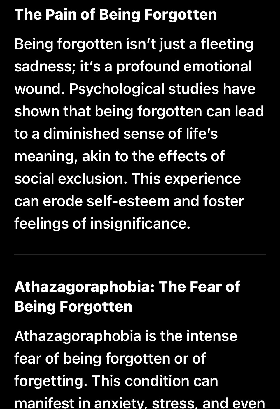 Dark research-notes screenshot defining athazagoraphobia, the fear of being forgotten.