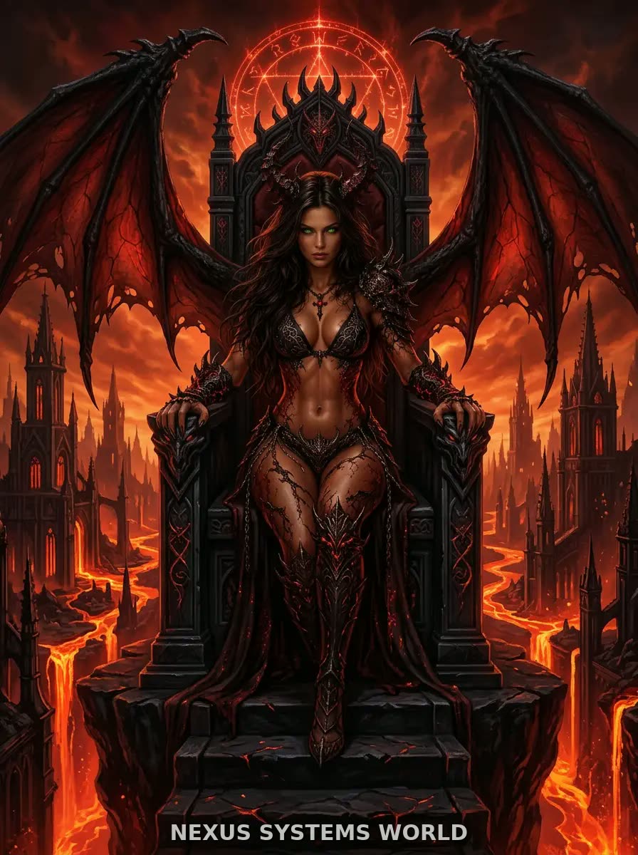Aelira sits on a dark throne above rivers of orange fire.