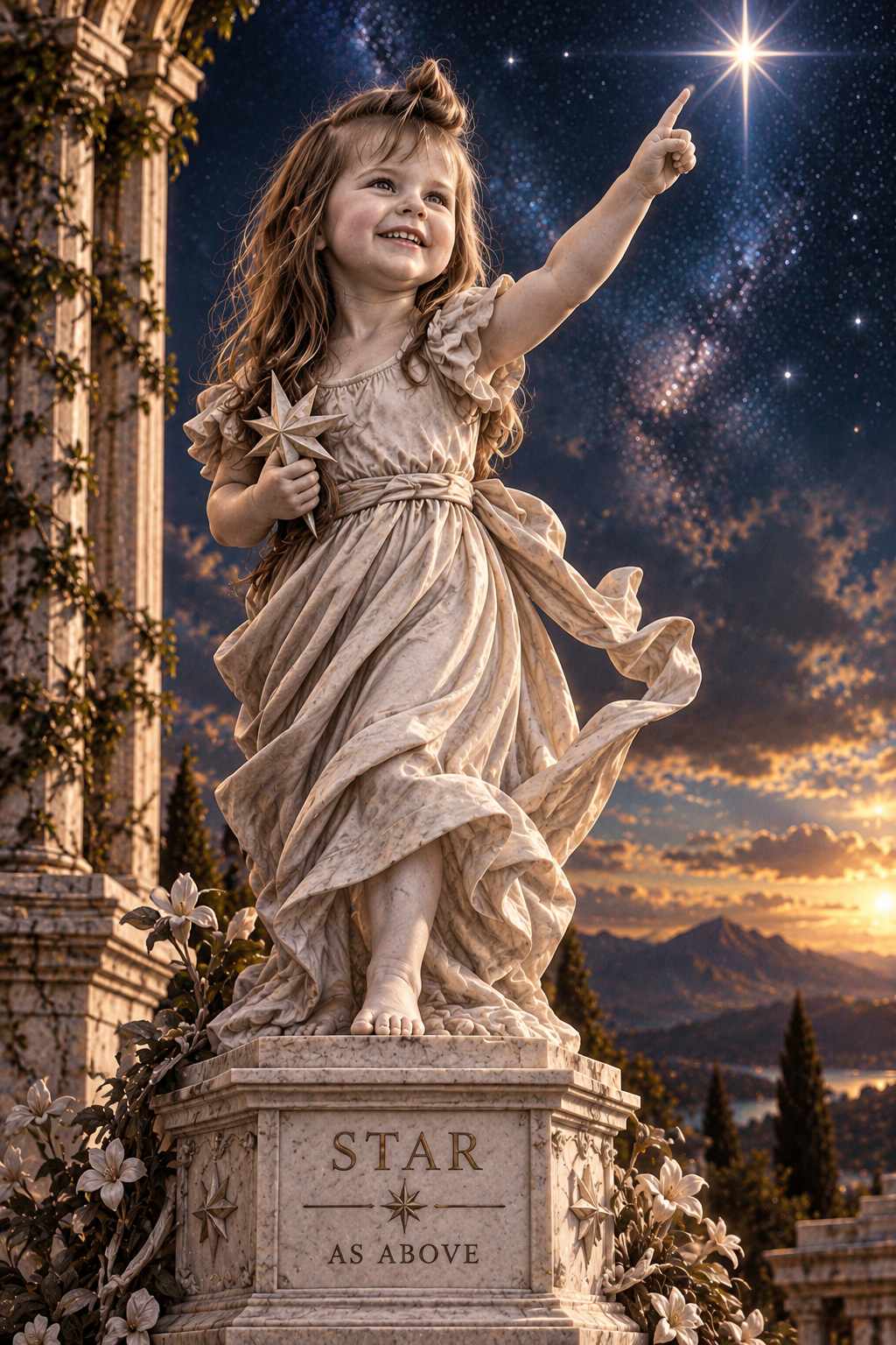 Star Child — gothic marble portrait figure standing on a pedestal inscribed STAR, AS ABOVE