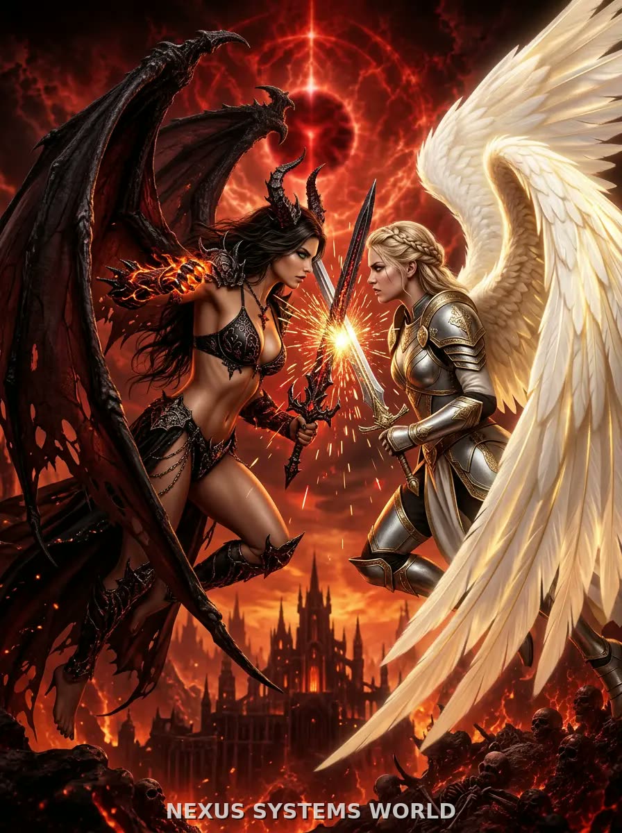 Aelira crosses a fiery blade with a gold-armoured winged opponent.