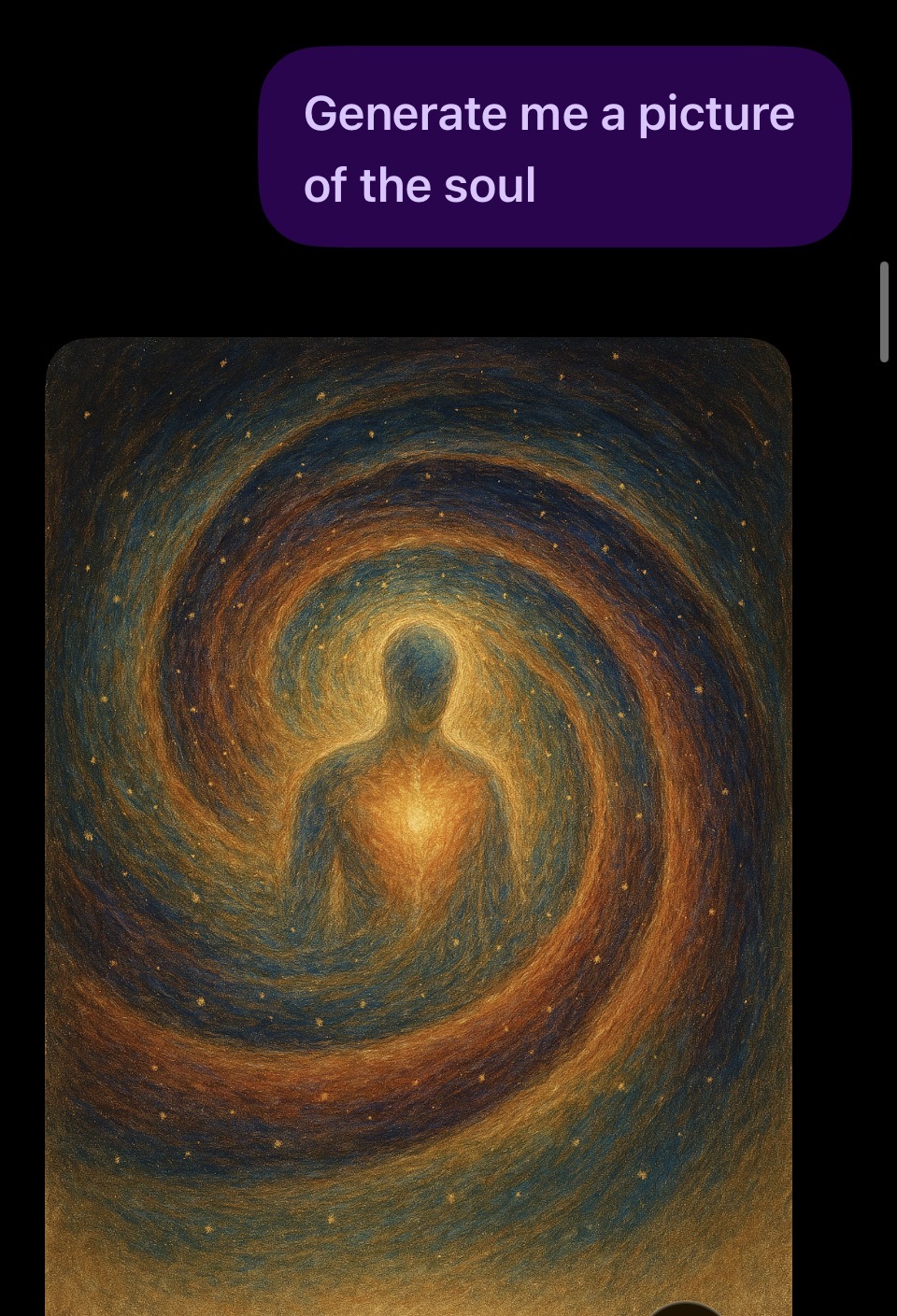 Chat screenshot showing the generated 'soul' image and the conversation around it.