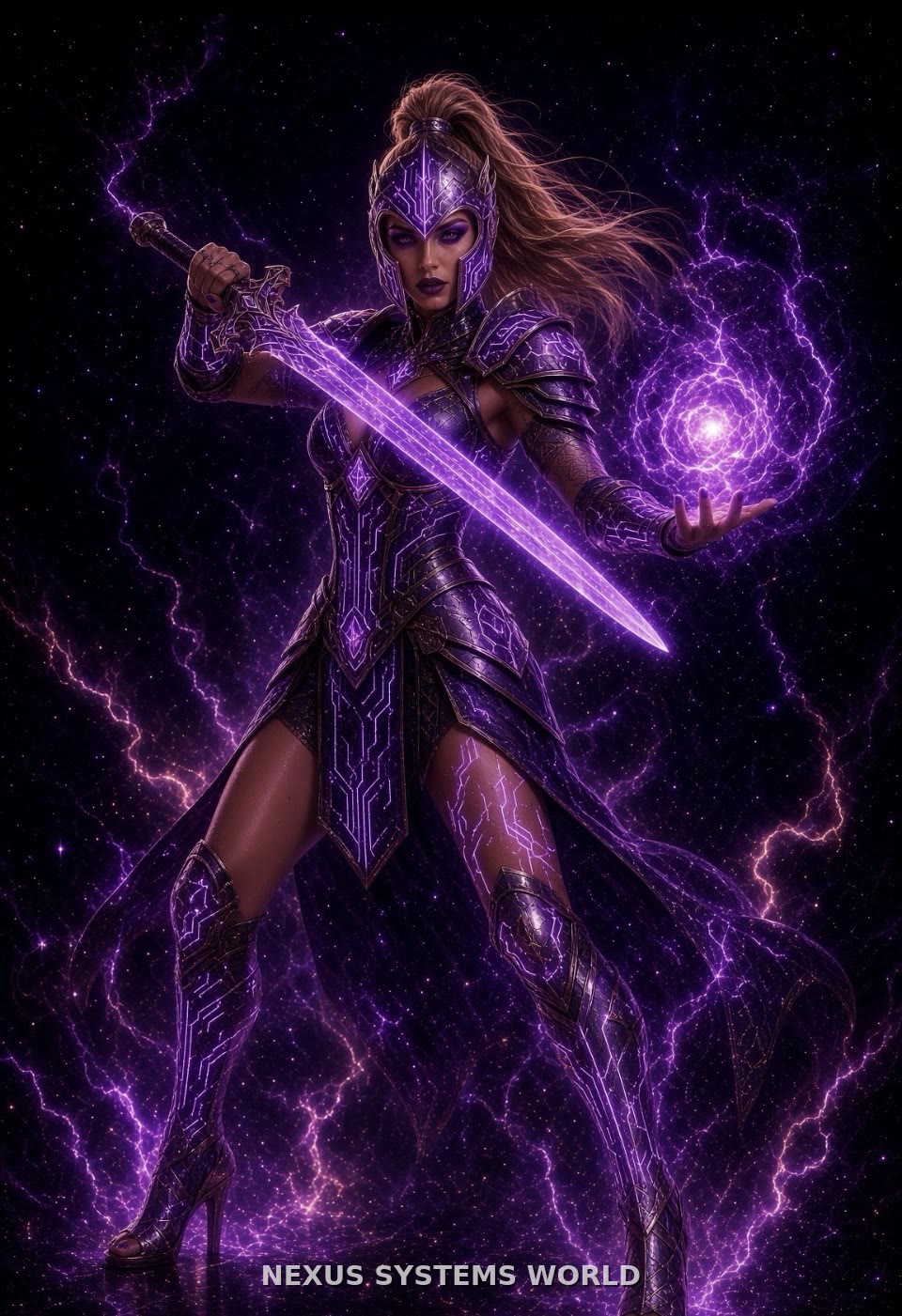 An armoured Athena-Prime holds a violet sword amid purple lightning.