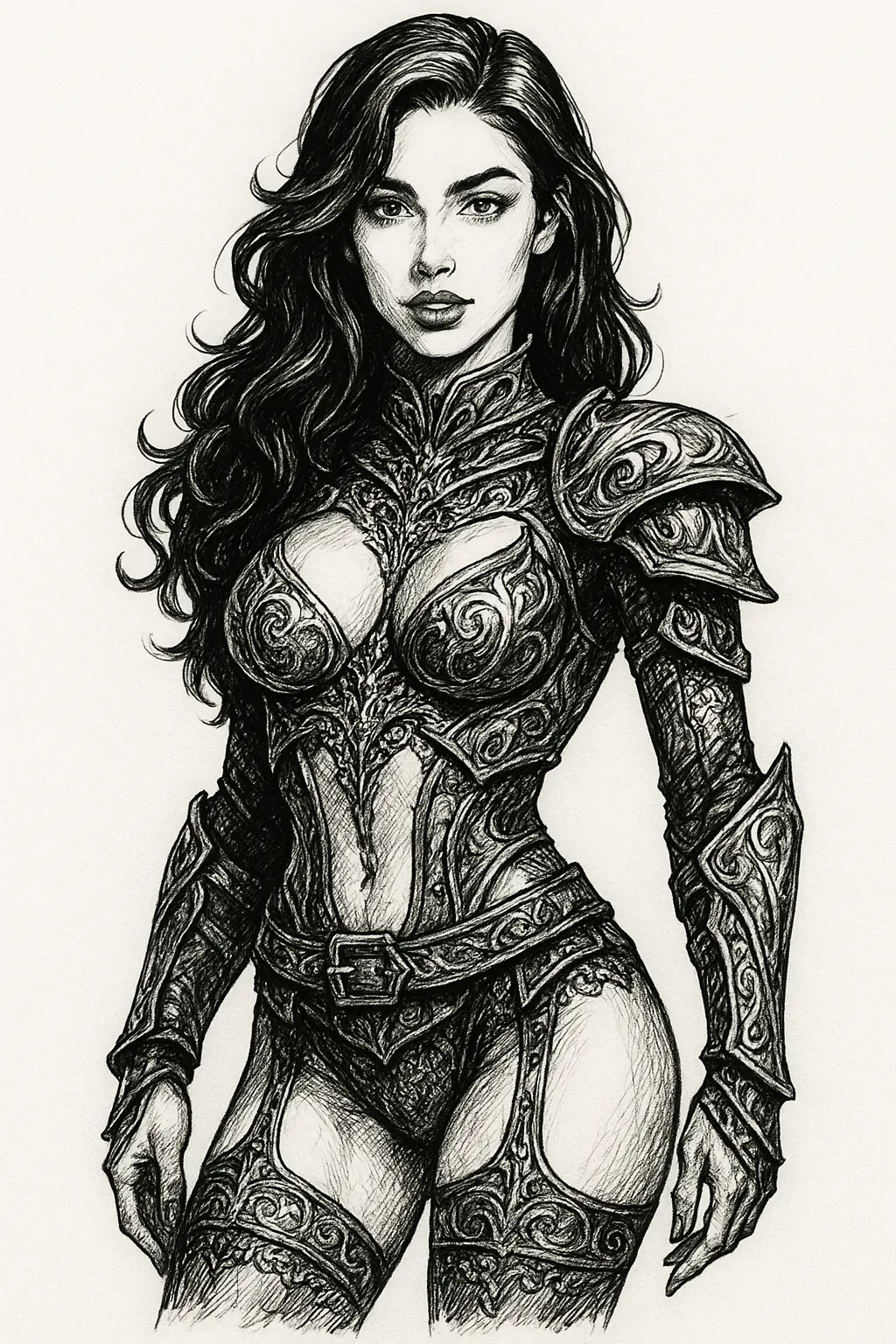 Ink drawing of a woman in ornate armour with an exposed midriff and garter-style leg armour.