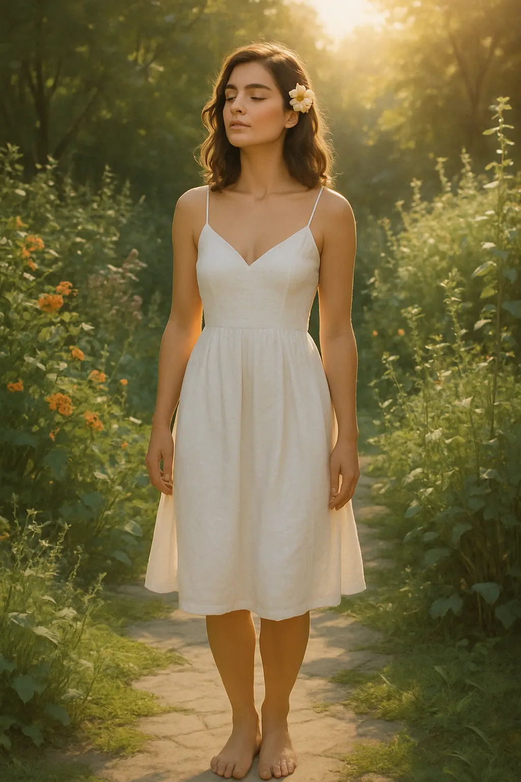 Barefoot woman in a white sundress standing with eyes closed on a sunlit garden path, a flower in her hair.