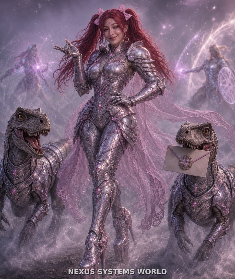 A red-haired woman in silver armour stands with two raptors in a misty violet forest.
