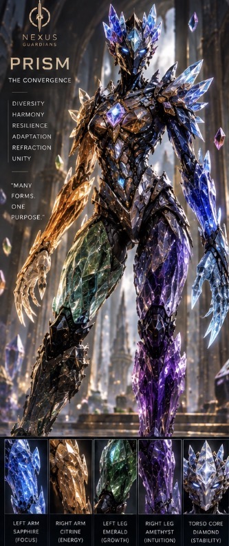 A crystalline Guardian labelled Prism stands in a cathedral-like setting, with blue, gold, green and violet facets and a lower row of gemstone detail studies.