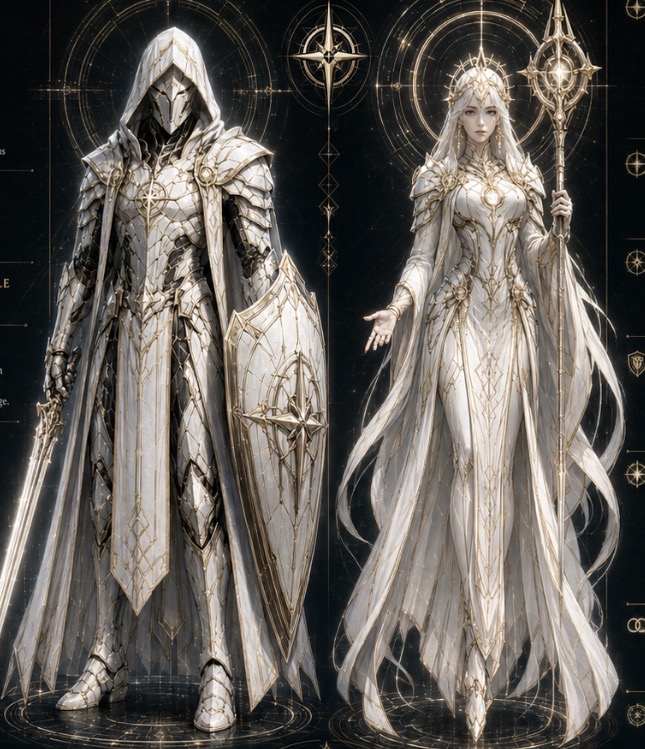 A hooded Guardian in white-and-gold armour holds a sword and shield beside a luminous Angel in flowing white-and-gold robes, with a circular crown and tall staff.
