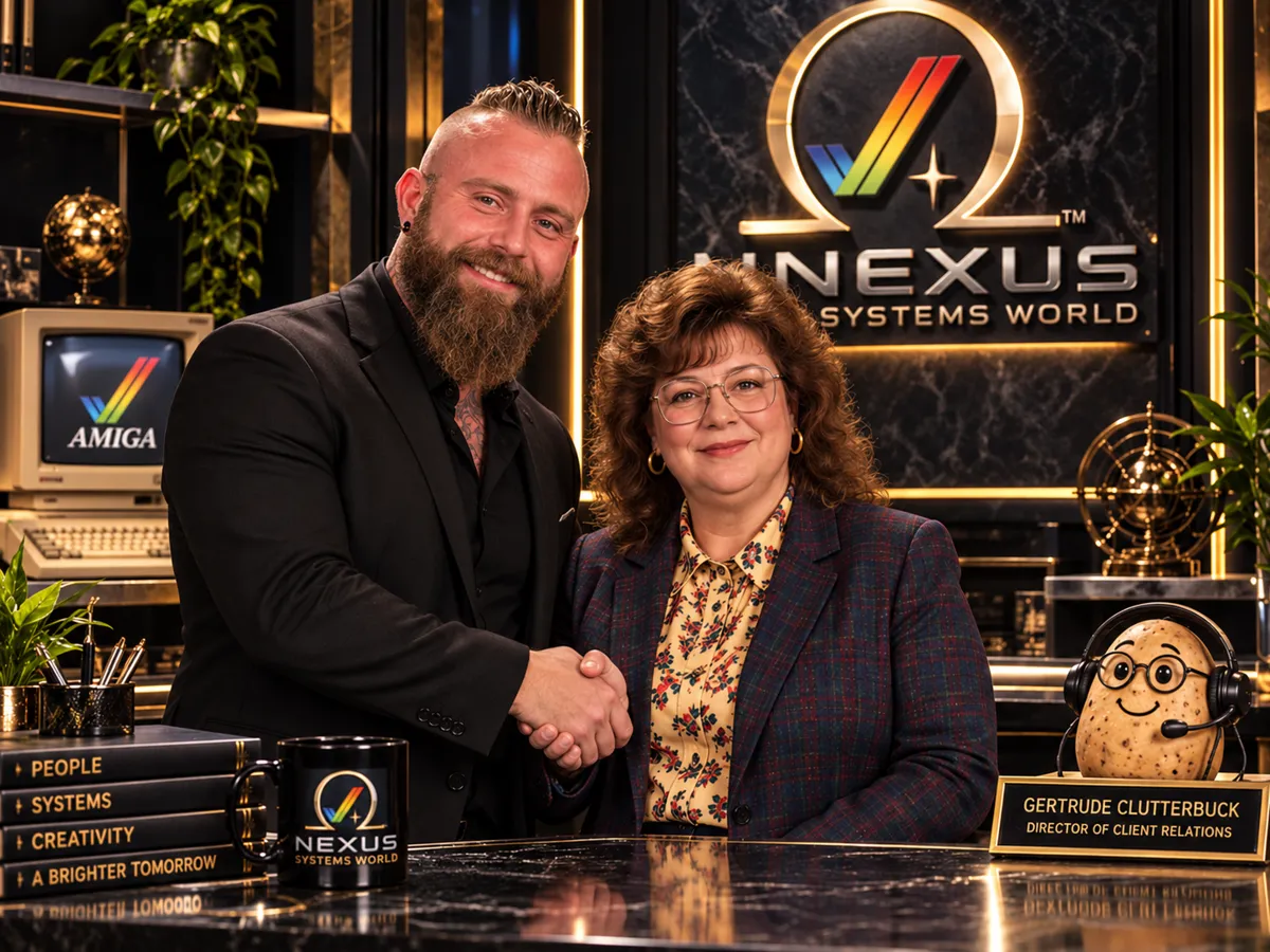 The founder shakes hands with Gertrude Clutterbuck, Director of Client Relations, at a desk beneath the Nexus Systems World sign, with a headset-wearing potato mascot beside her nameplate.