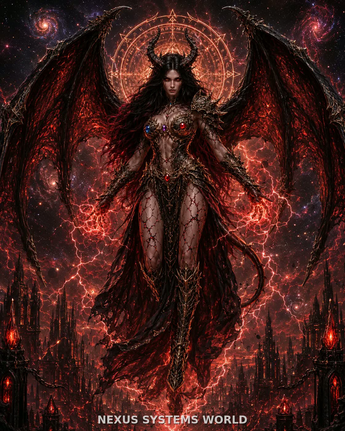 A horned winged Aelira stands before a fiery circular sigil and red stars.