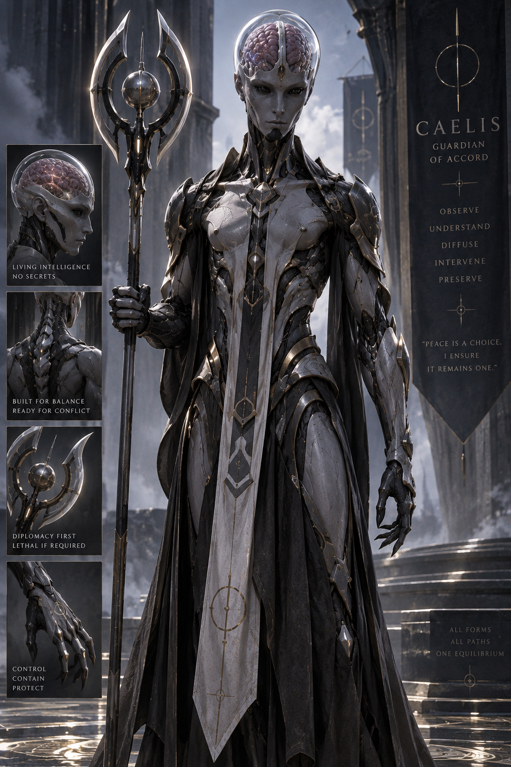 A tall Guardian labelled Caelis, Guardian of Accord, holds a circular staff beneath a transparent cranial dome, with close studies of the head, neck, staff and hand.