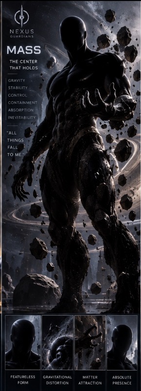 A dark featureless Guardian labelled Mass stands amid suspended rocks and sweeping orbital rings, with close studies of the head, body and gravitational effects below.