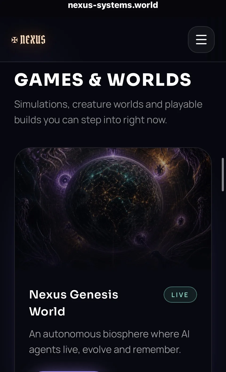 Games and Worlds section showing the Nexus Genesis World card: a dark glowing planet, a LIVE badge and the line An autonomous biosphere where AI agents live, evolve and remember.