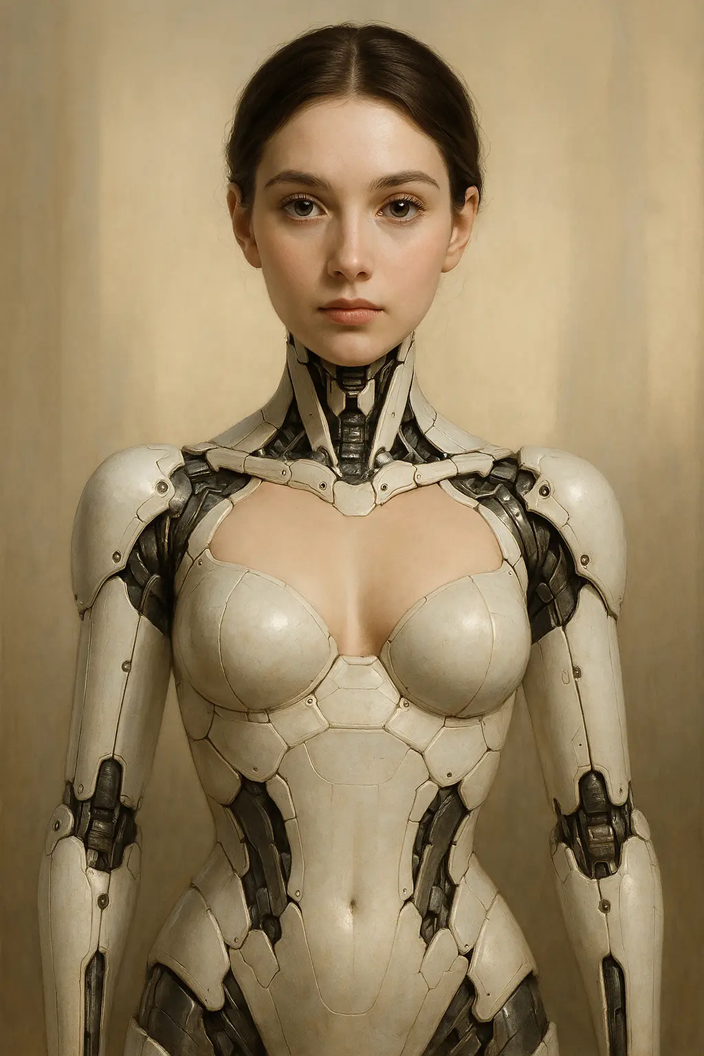 Bust portrait of a woman's face set on an off-white segmented robotic body with exposed neck joints.