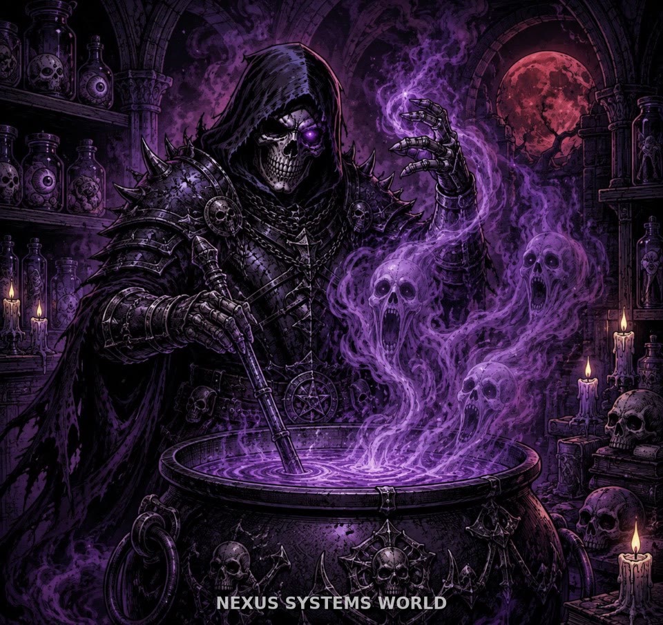 Ghost-Prime raises a clawed hand above a cauldron releasing violet spirits.