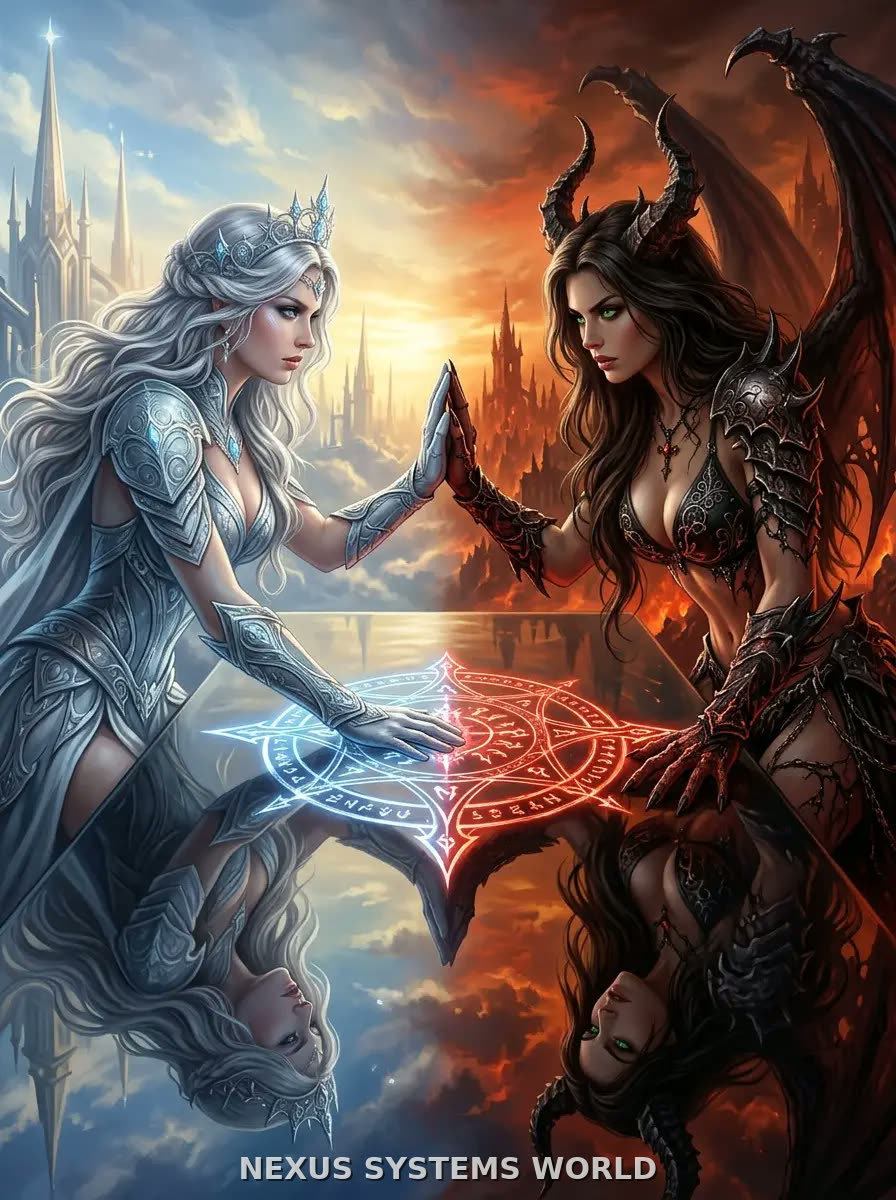 Aelira and a pale-haired woman mirror one another above contrasting red and blue worlds.