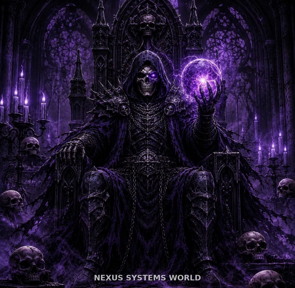 Ghost-Prime sits on an ornate dark throne holding a luminous purple sphere.