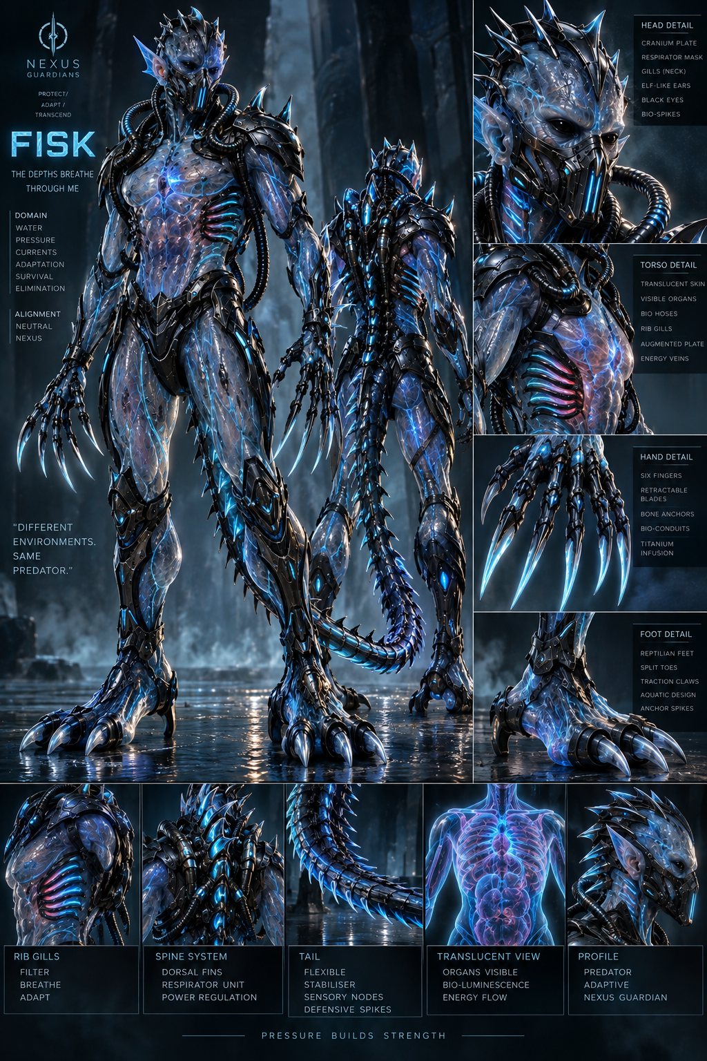 A blue-lit aquatic Guardian labelled Fisk is shown from the front and back, with a respirator-like mask, gills, claws, tail and anatomical detail panels.
