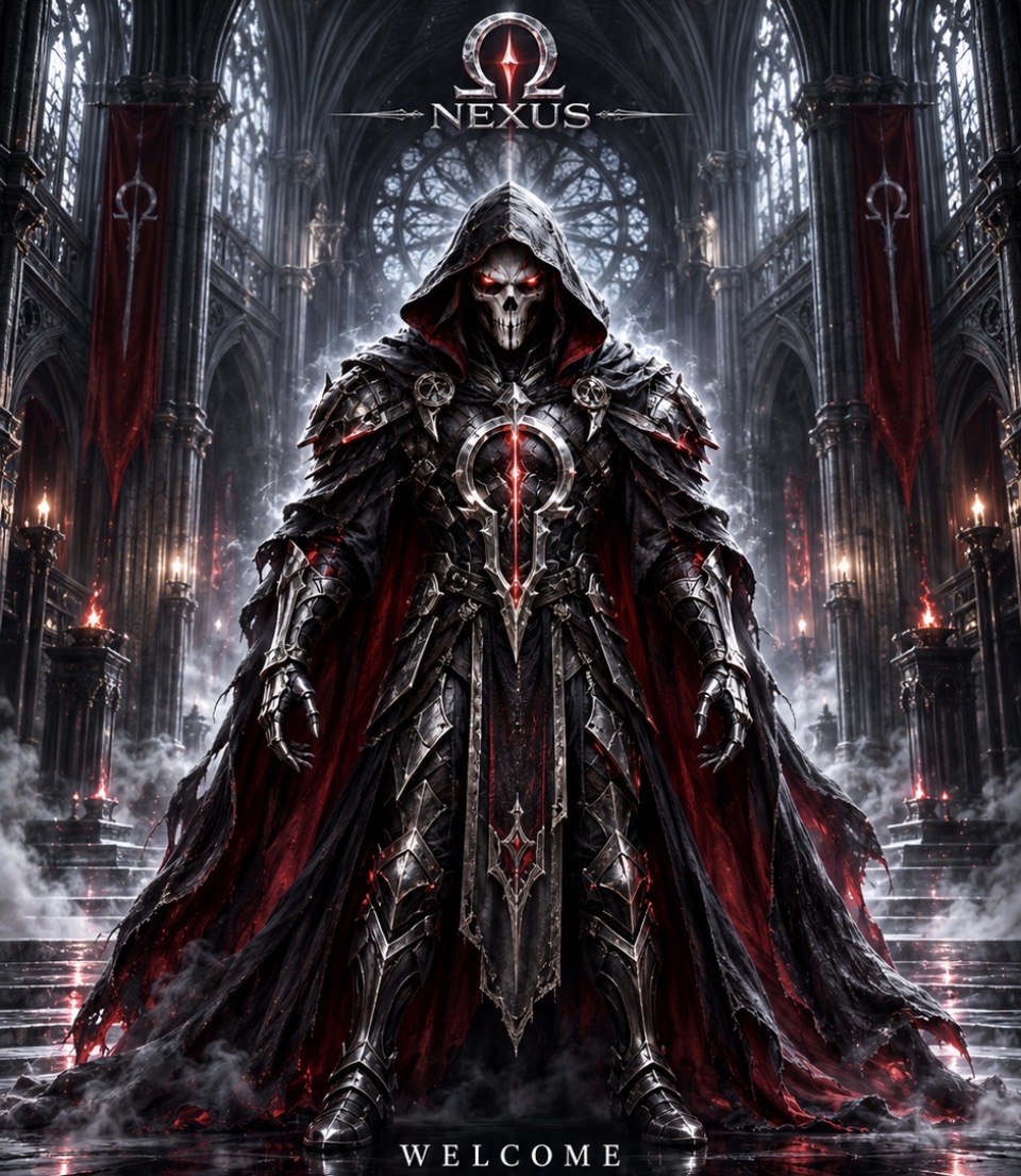 Ghost, the hooded skull guardian in black gothic armour with a red-lined cloak, standing in a candlelit gothic cathedral beneath the Nexus Omega emblem.
