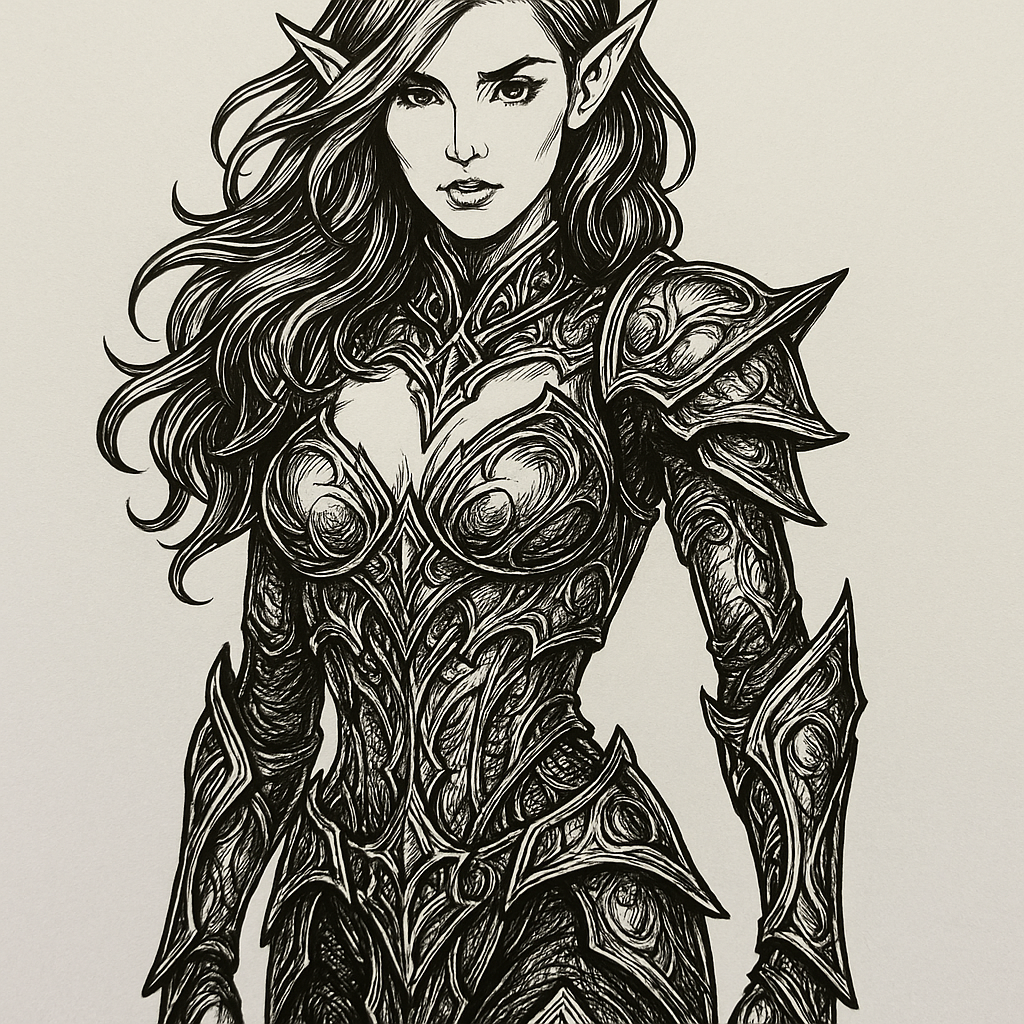 Ink drawing of an elf woman in ornate, full-coverage fantasy armour.