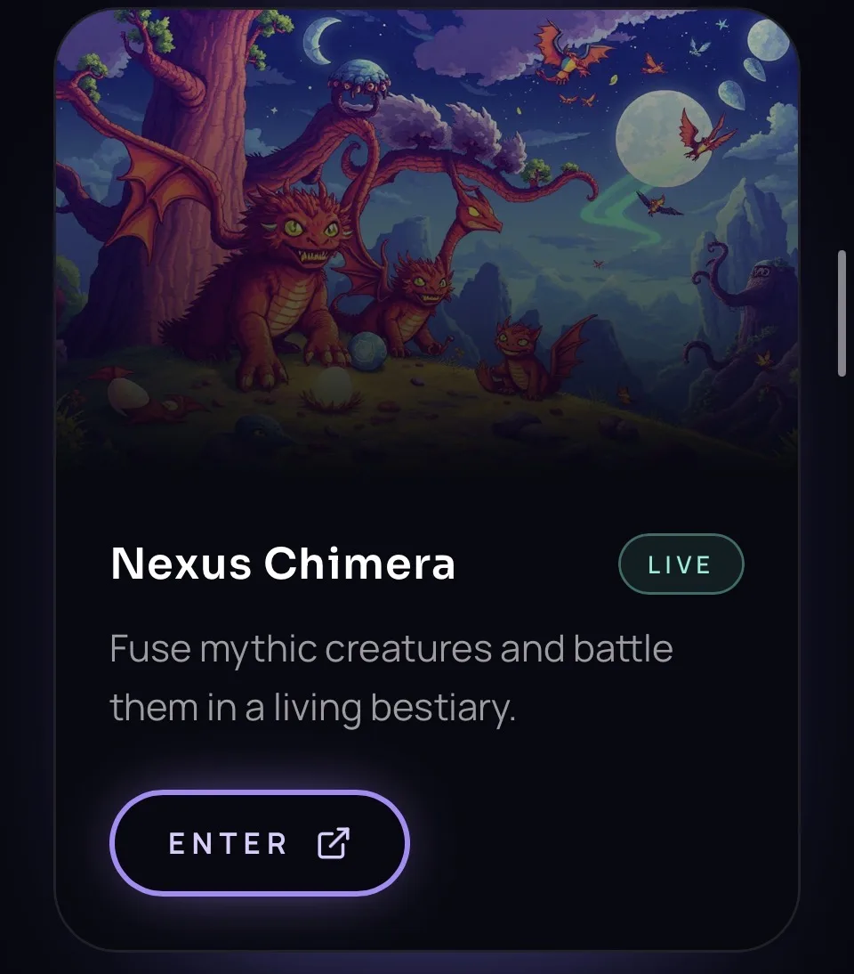 Nexus Chimera card: pixel-art dragon creatures under a full moon, with a LIVE badge and the line Fuse mythic creatures and battle them in a living bestiary.