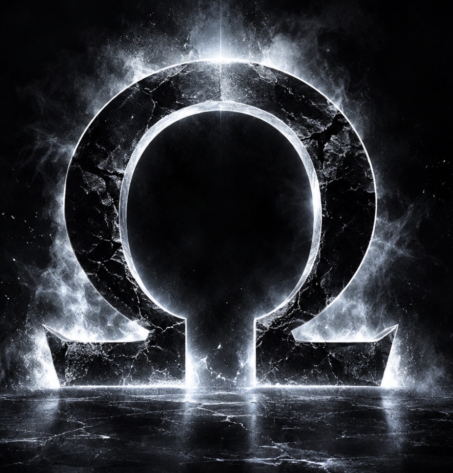 The Omega symbol, cracked black stone lit from within by cold silver light, standing on a dark reflective floor.