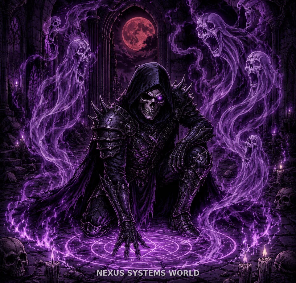 Ghost-Prime stands inside a violet summoning circle surrounded by spectral figures.