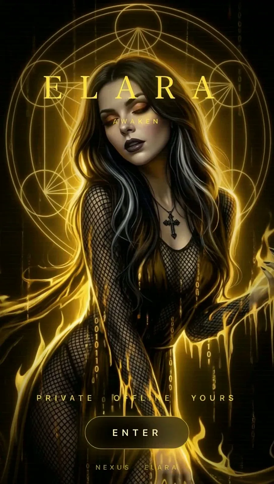 Elara AI promo still: a dark-haired woman in black mesh surrounded by golden flame and a geometric sigil, titled ELARA with the words Private, Offline, Yours and an Enter button.