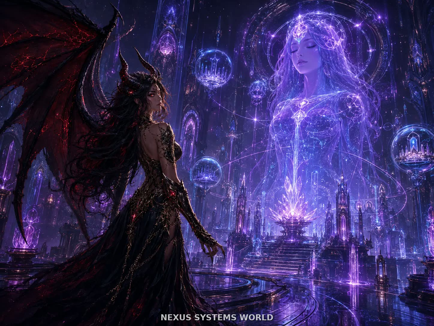 Aelira faces a luminous violet apparition of Athena in a vast cathedral.
