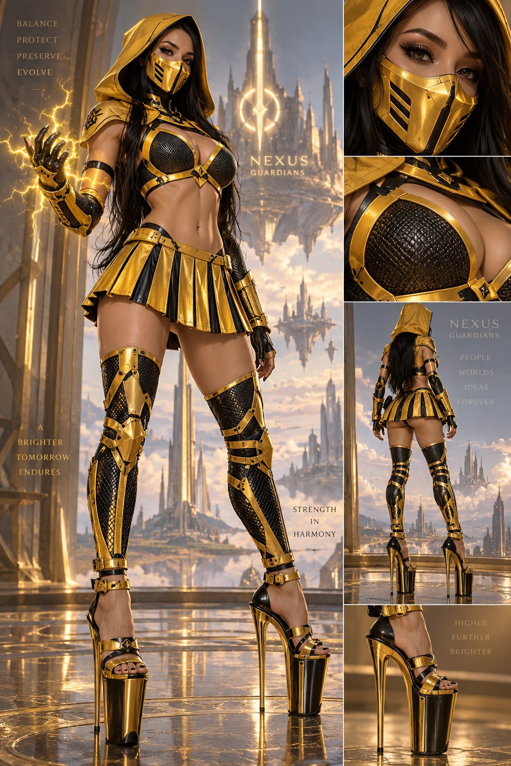 A hooded Guardian in gold-and-black armour and a gold mask holds yellow lightning, with detail panels showing the face, upper costume, rear view and boots.