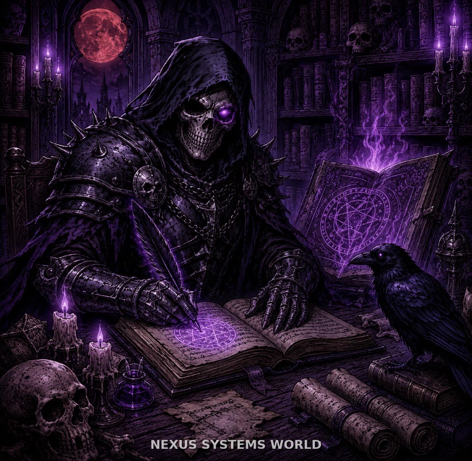Ghost-Prime reads an open grimoire beside a raven in a dark violet cathedral.