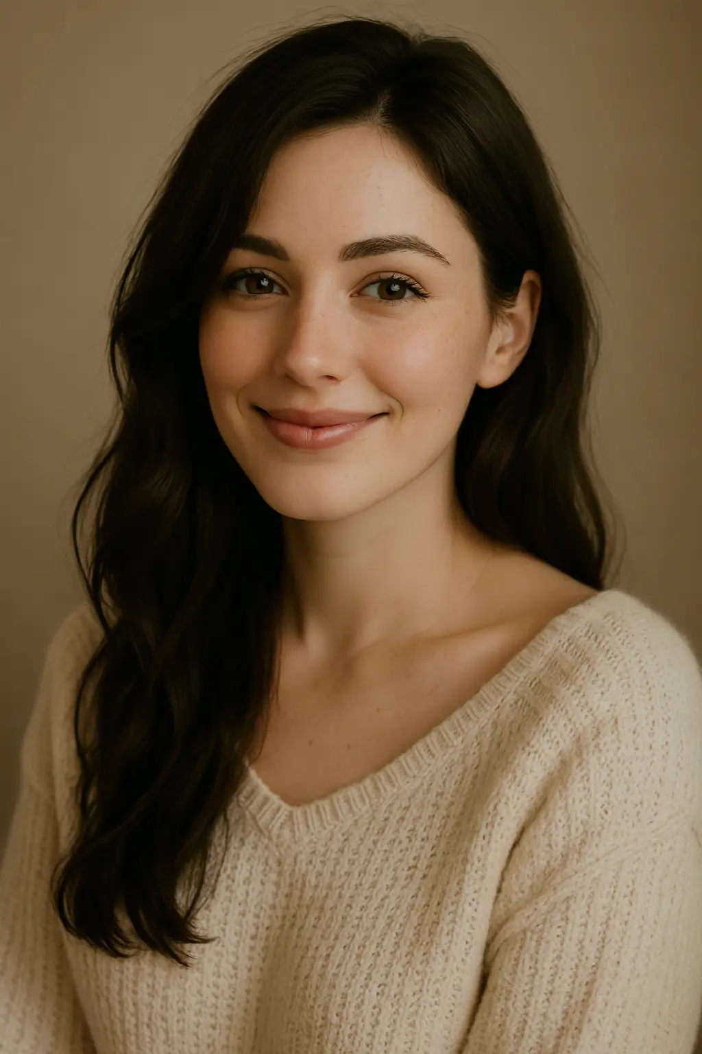 Studio portrait of a smiling dark-haired woman in a cream knit sweater against a plain background.