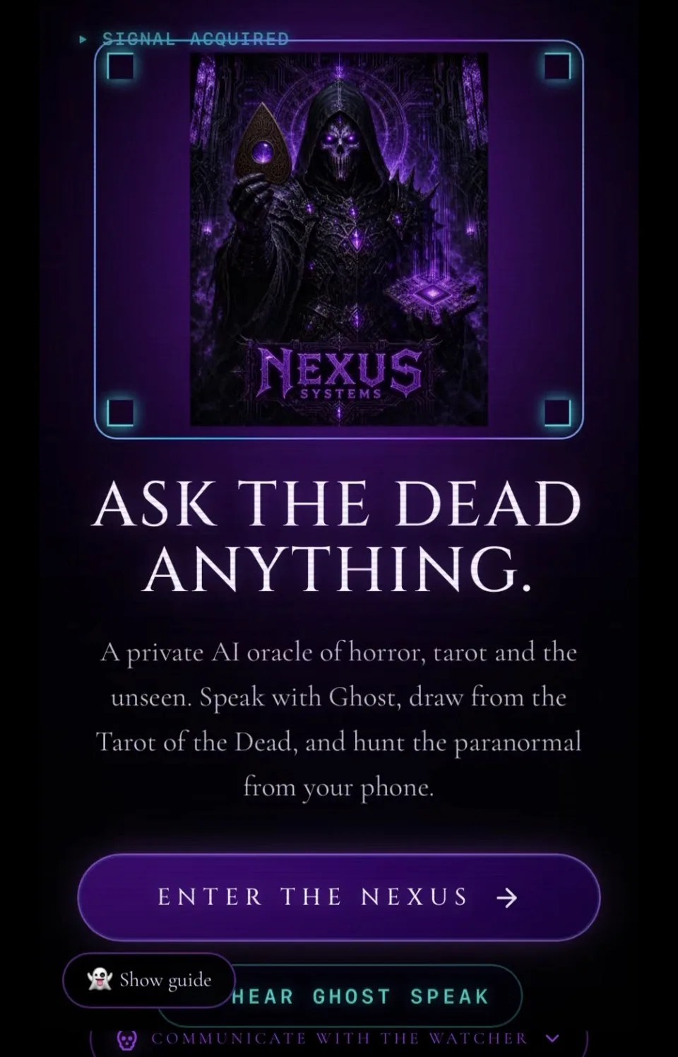 Original nexus-ghost.com homepage: the masked hooded Ghost holding a planchette above the headline Ask the Dead Anything.