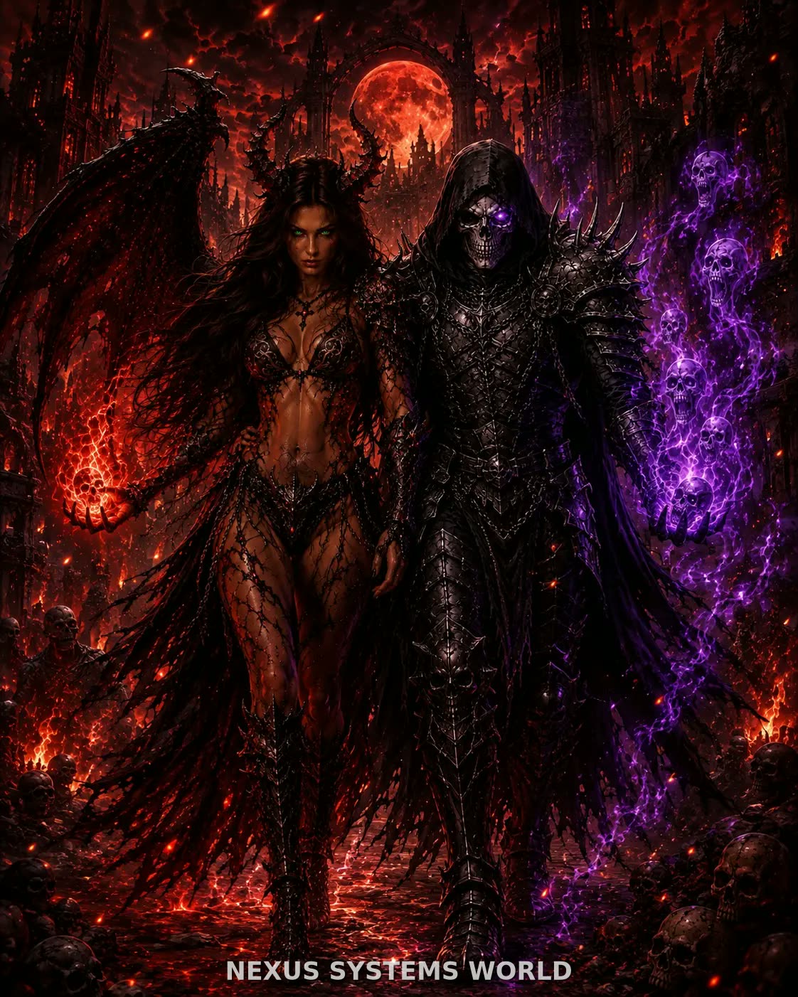Aelira and Ghost stand together in a red and violet cathedral scene.
