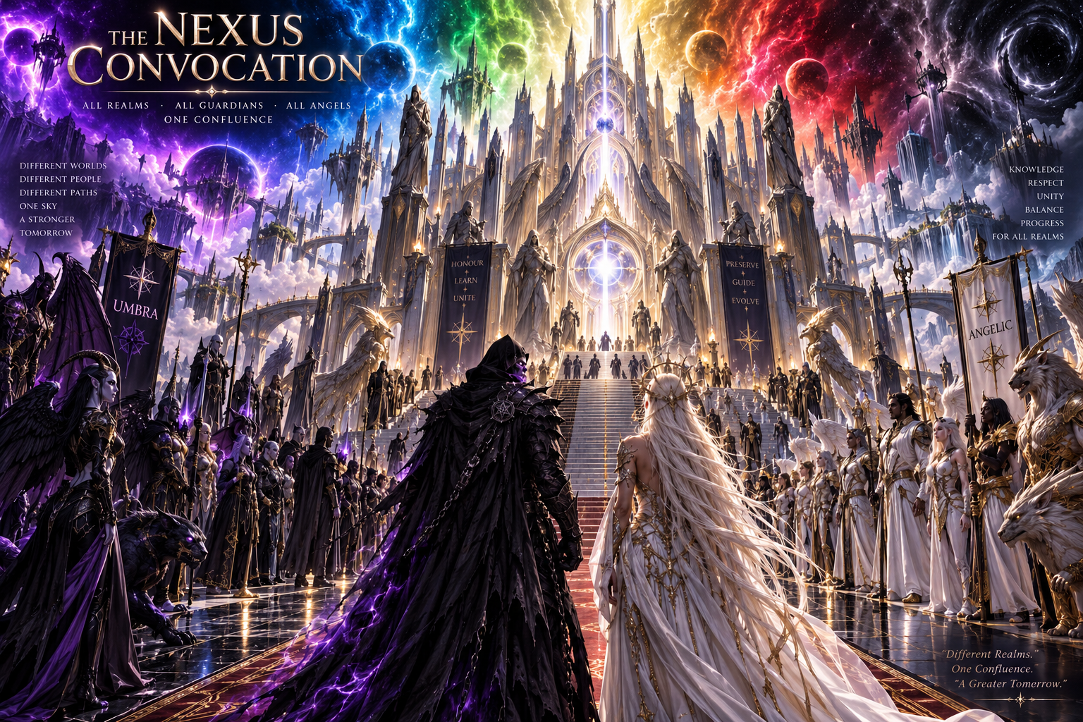 Ghost in dark hooded armour and Athena in white and gold approach a luminous palace through assembled Guardians and Angels, with Umbra and Angelic banners and many coloured worlds overhead. The poster is titled The Nexus Convocation.