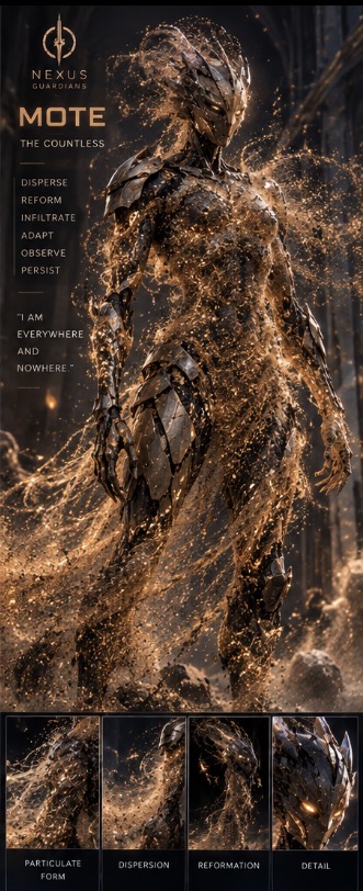 A bronze-and-black Guardian labelled Mote disperses into golden particles, with smaller studies of particulate form, dispersion, reformation and head detail.