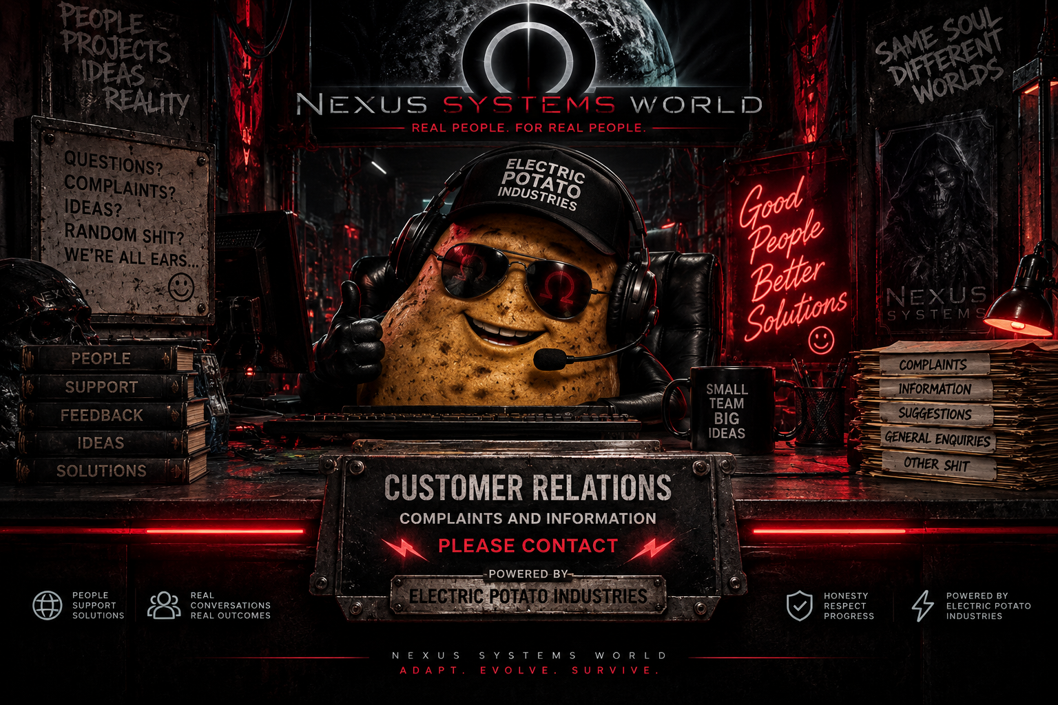 A grinning potato in a cap, red sunglasses and a headset gives a thumbs-up at a metal desk. The desk plaque reads Customer Relations, Complaints and Information.
