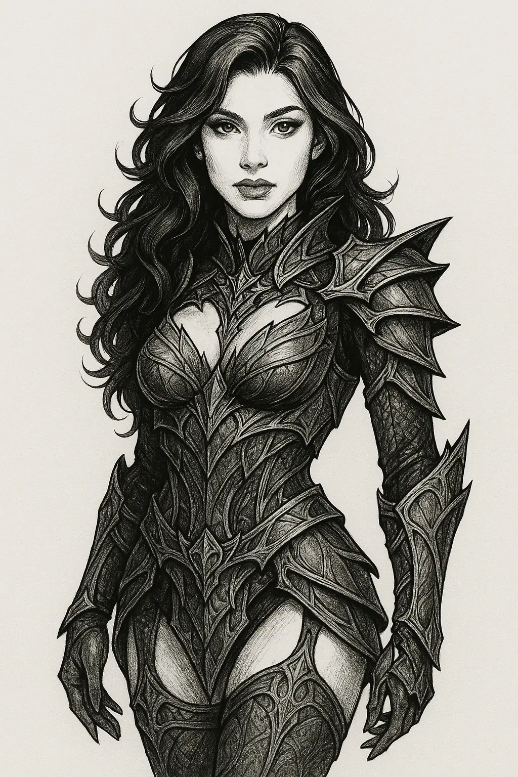 Ink drawing of a dark-haired woman in spiked dark armour with reduced coverage at the hips.