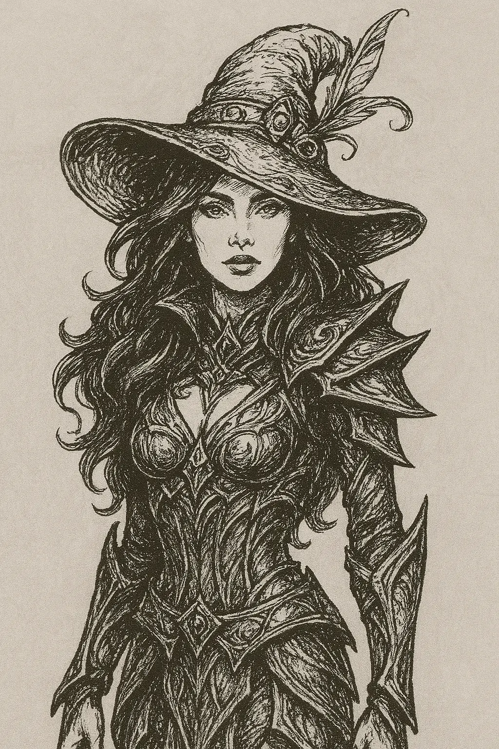 Ink drawing of a witch in a wide-brimmed feathered hat and spiked armour.