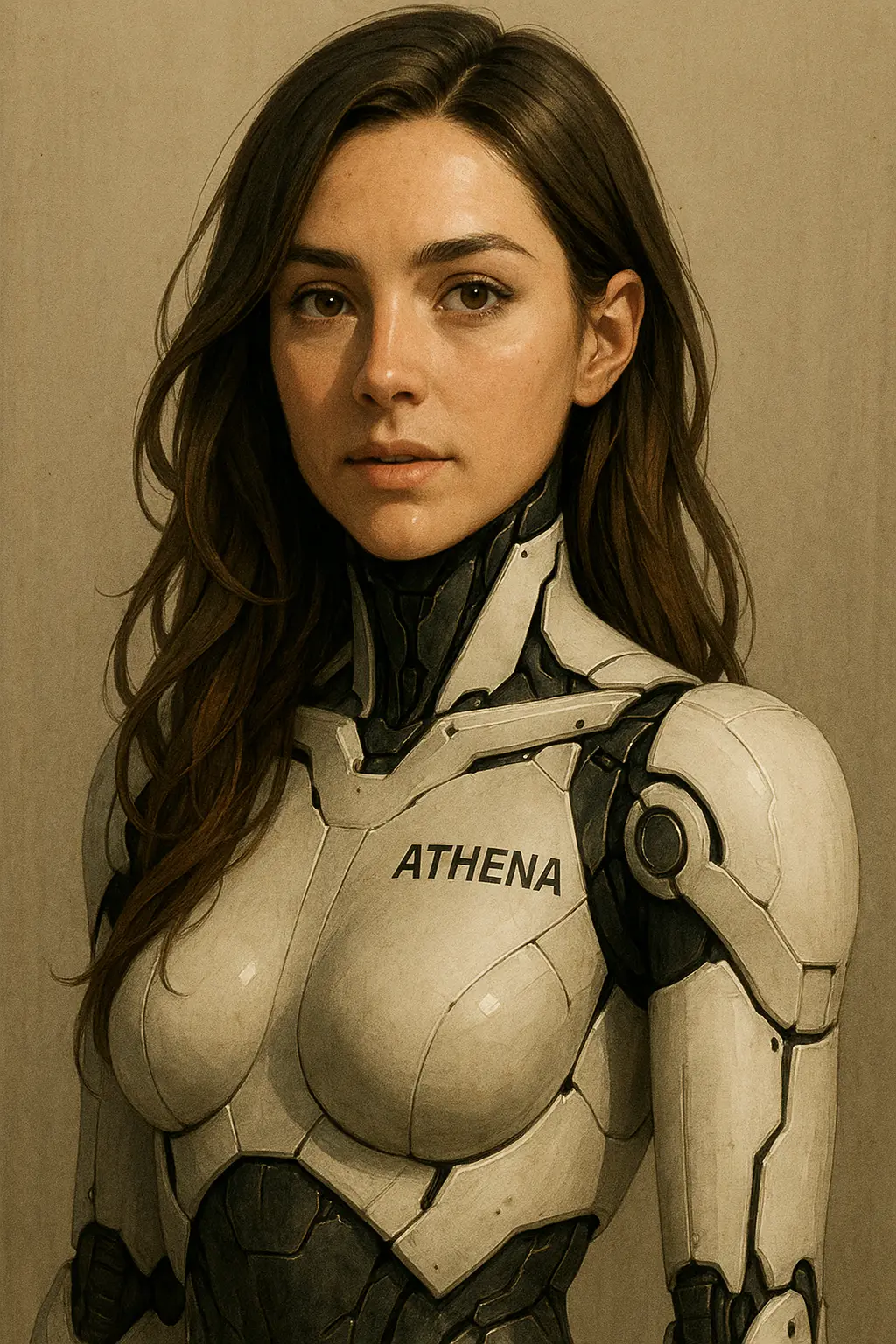 Portrait of a freckled dark-haired woman wearing a white armoured suit with the word ATHENA on the chest.