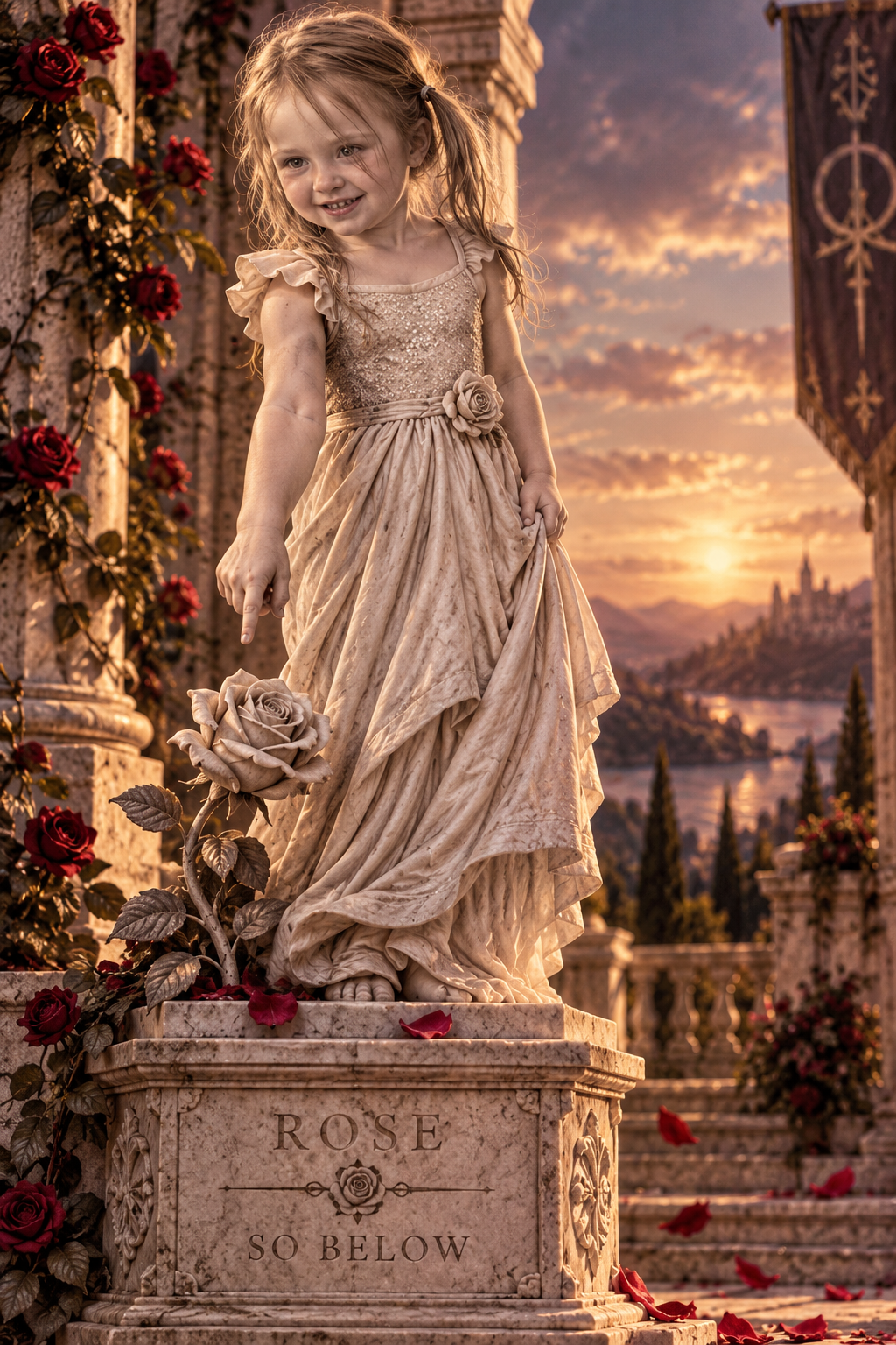 Rose — gothic marble portrait figure standing on a pedestal inscribed ROSE, SO BELOW