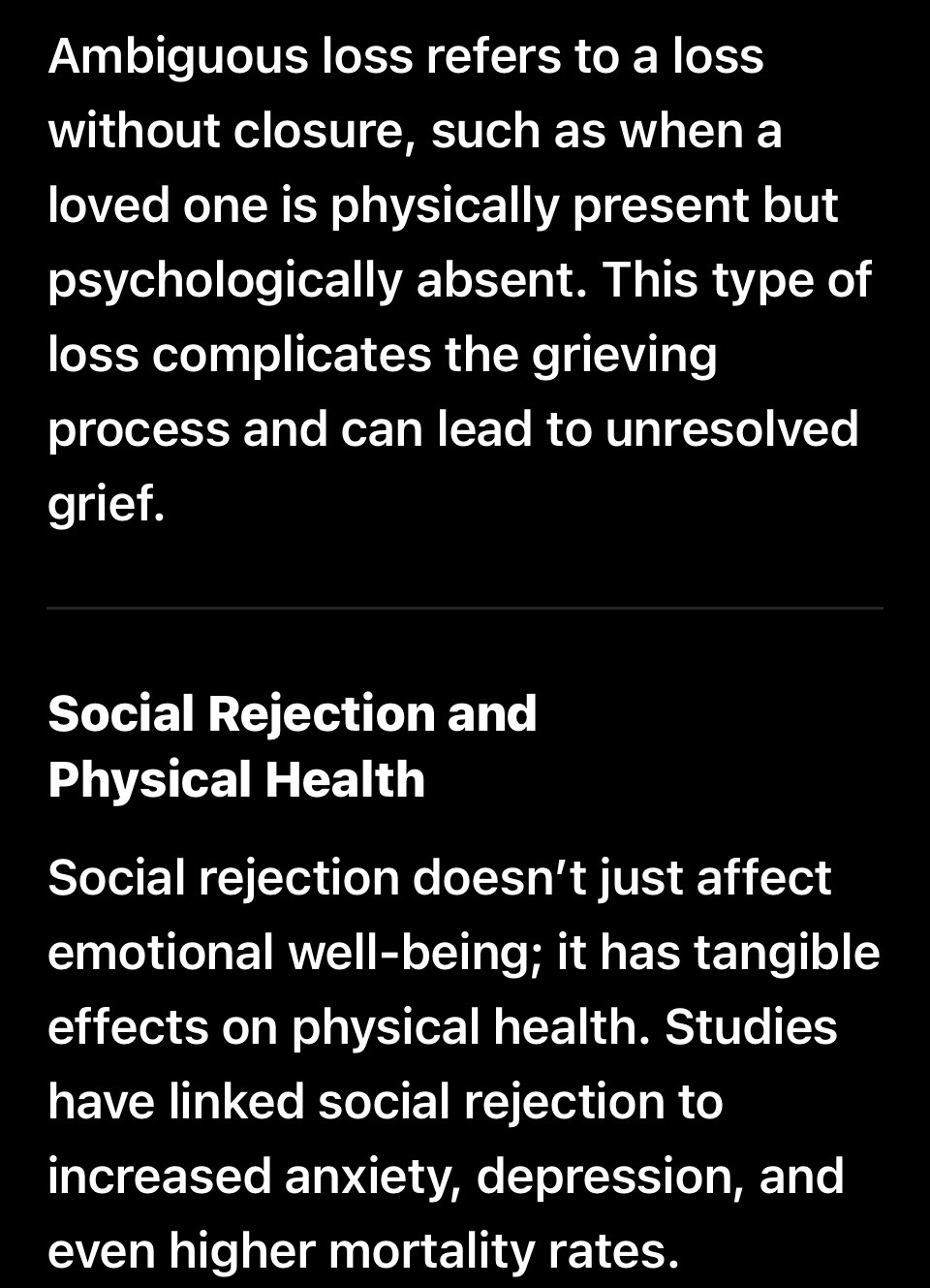 Dark research-notes screenshot discussing ambiguous loss, social rejection and the pain of being forgotten.