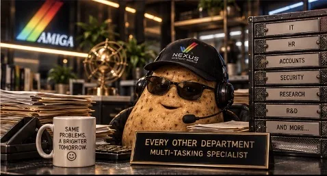 Potato in sunglasses, a Nexus cap and headset behind a nameplate reading Every Other Department, Multi-Tasking Specialist, beside filing drawers.