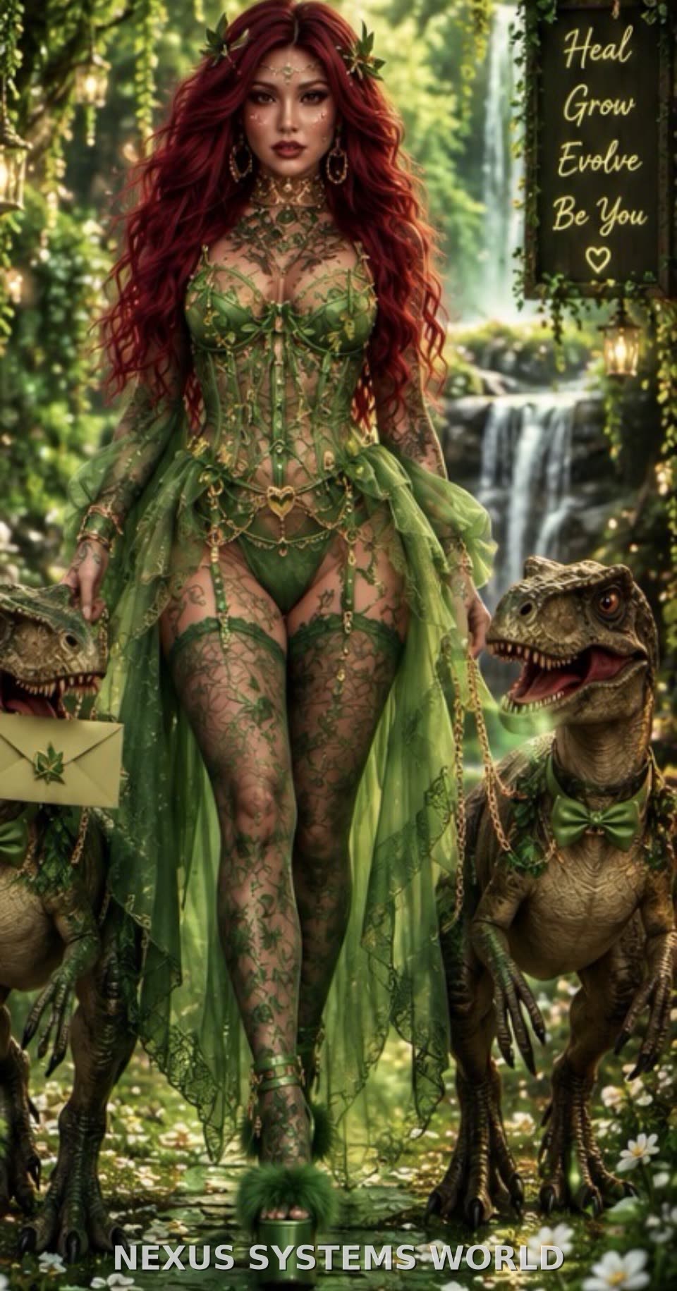 A red-haired woman in green stands with two raptors beside a waterfall and a growth-themed banner.