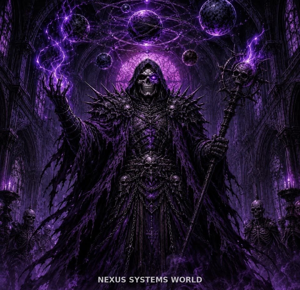 Ghost-Prime stands beneath an intricate glowing purple orrery.