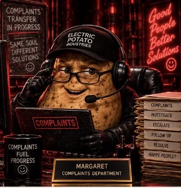 Potato in glasses, cap and headset adjusting his frames while holding a Complaints folder behind a nameplate reading Margaret, Complaints Department.