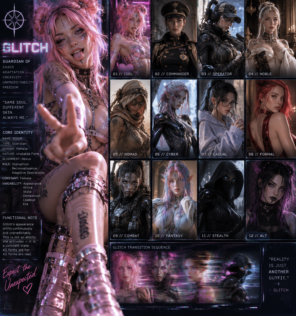 A large pink-haired portrait labelled Glitch appears beside twelve character panels labelled Idol, Commander, Operator, Noble, Nomad, Cyber, Casual, Formal, Combat, Fantasy, Stealth and Alt, with a transition sequence below.