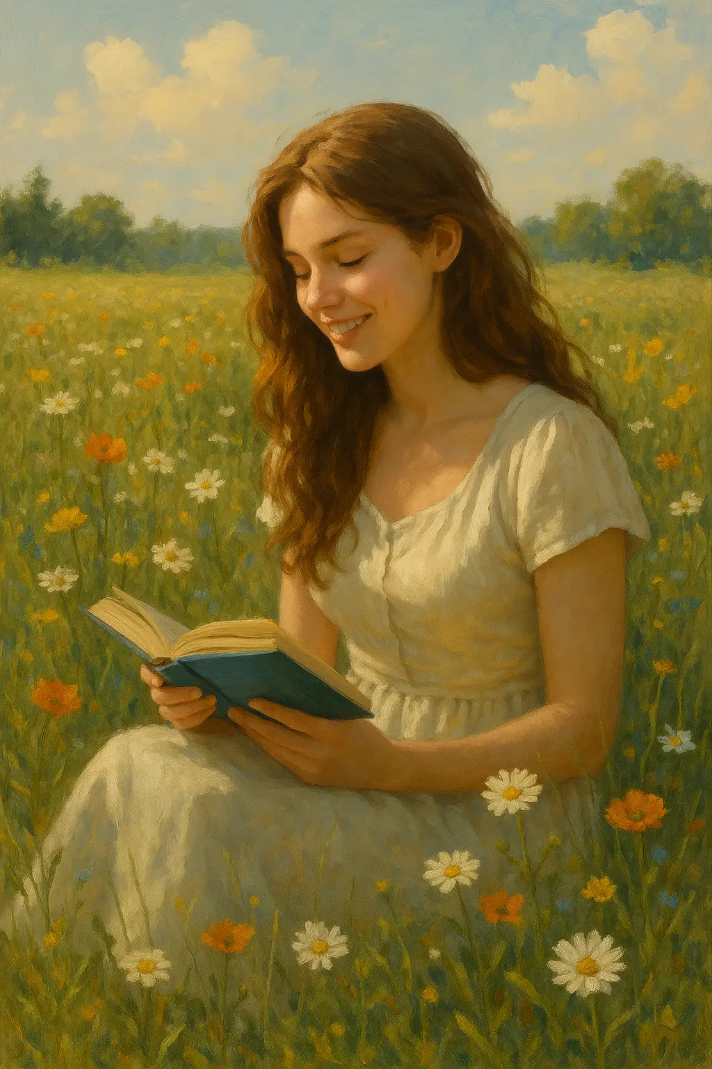 Painterly image of a young woman in a pale dress reading a book among daisies and poppies.