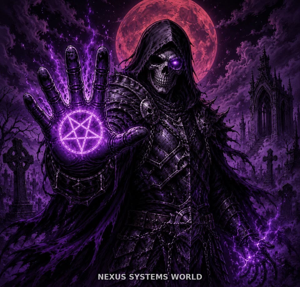 Ghost-Prime raises a hand bearing a violet sigil beneath a red moon.