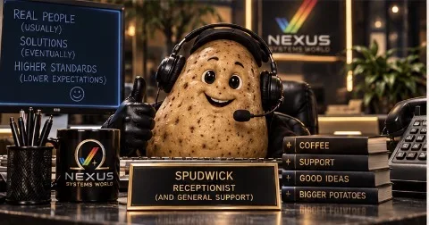 Smiling potato in a headset giving a thumbs-up behind a nameplate reading Spudwick, Receptionist (and General Support), with a Nexus Systems World mug.