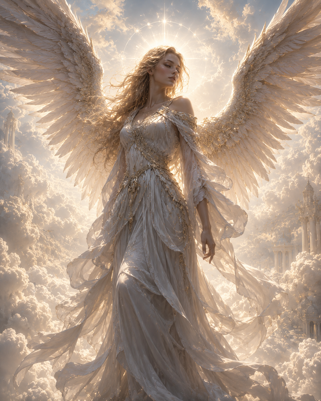 Angelic · tier 3: A winged figure ascending through clouds.